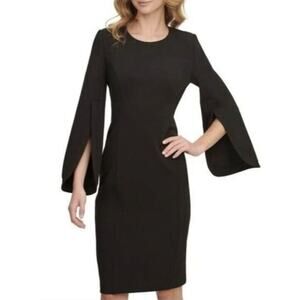 Calvin Klein Black  Dress Slit Bell Sleeves knee length wedding guest Sz 4
